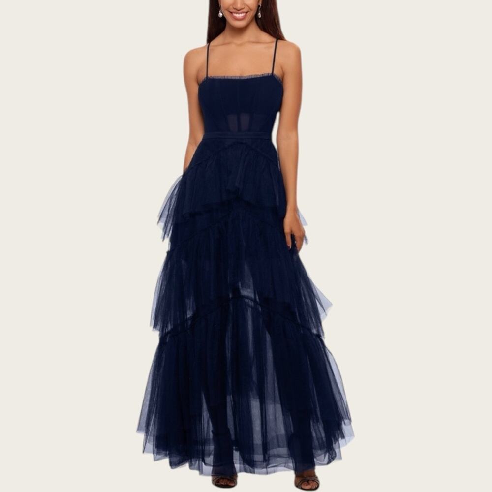 NWT | Betsy & Adam | Jasmine Long Corset Tiered Mesh Illusion Gown | Navy | 8